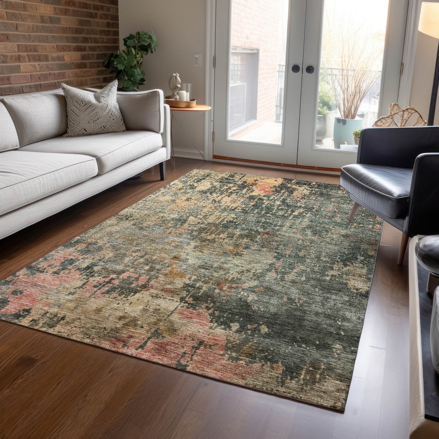 9' X 12' Sage Gray And Pink Abstract Washable Indoor Outdoor Area Rug