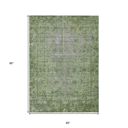 5' X 8' Fern Green Oriental Washable Indoor Outdoor Area Rug