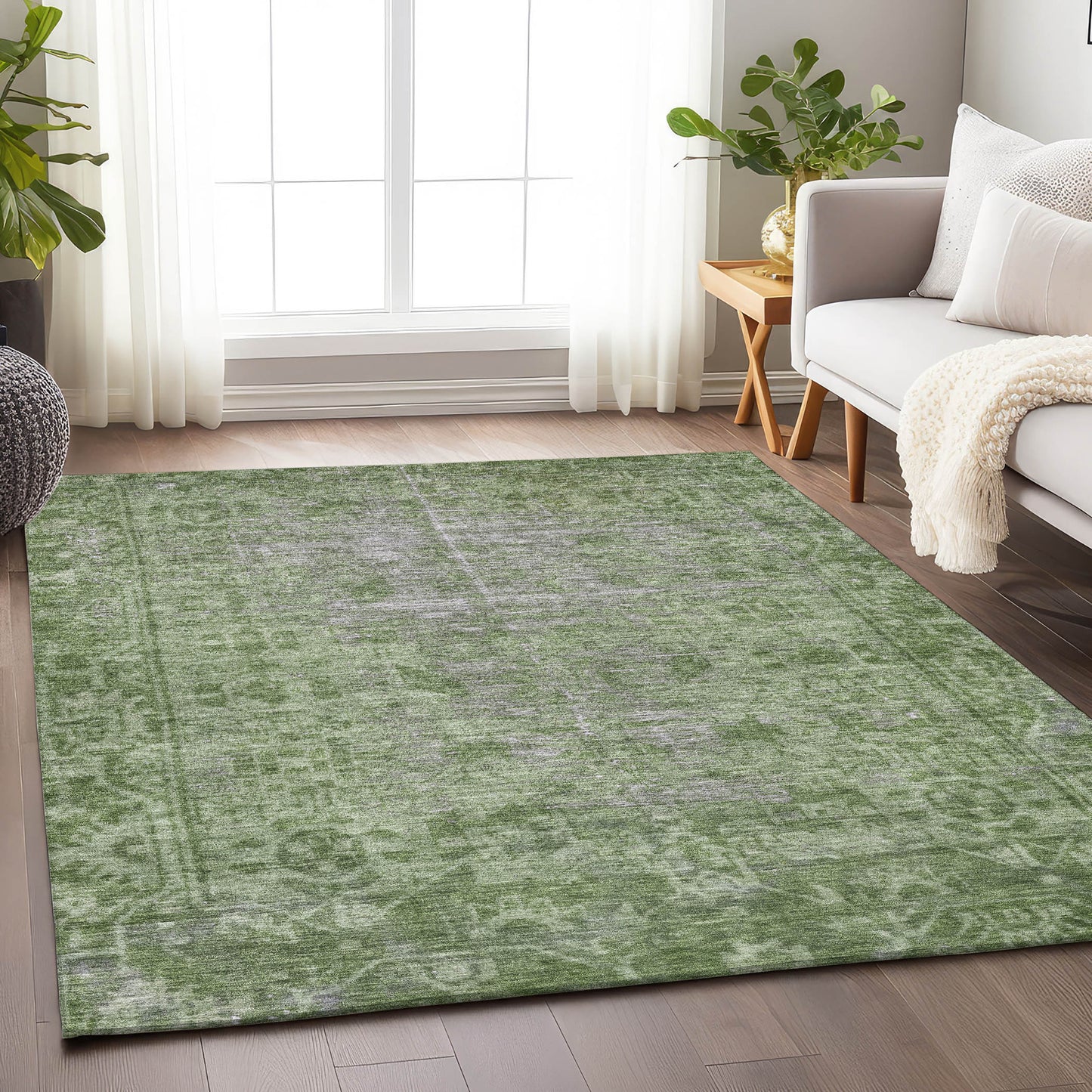 5' X 8' Fern Green Oriental Washable Indoor Outdoor Area Rug