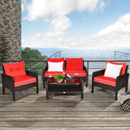 4 Piece Outdoor Wicker Patio Furniture Set with Cushions