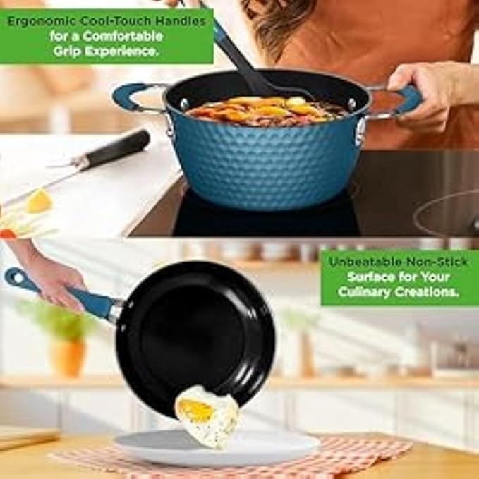 NutriChef 11 Pc Pots and Pans Set Non Stick Cookware with Ceramic Coating, Ergonomic Handles, Induction Ready, Includes Saucepan, Dutch Oven, Large & Small Fry Pans, Royal Blue