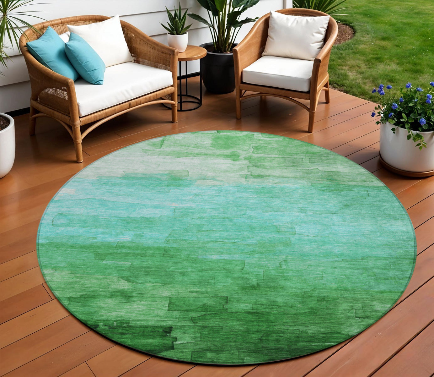 8' Green And Teal Blue Round Striped Washable Indoor Outdoor Area Rug