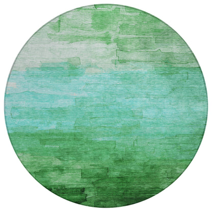 8' Green And Teal Blue Round Striped Washable Indoor Outdoor Area Rug