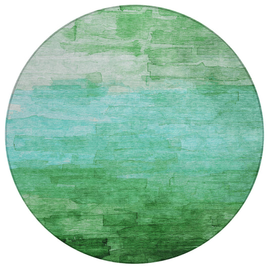 8' Green And Teal Blue Round Striped Washable Indoor Outdoor Area Rug