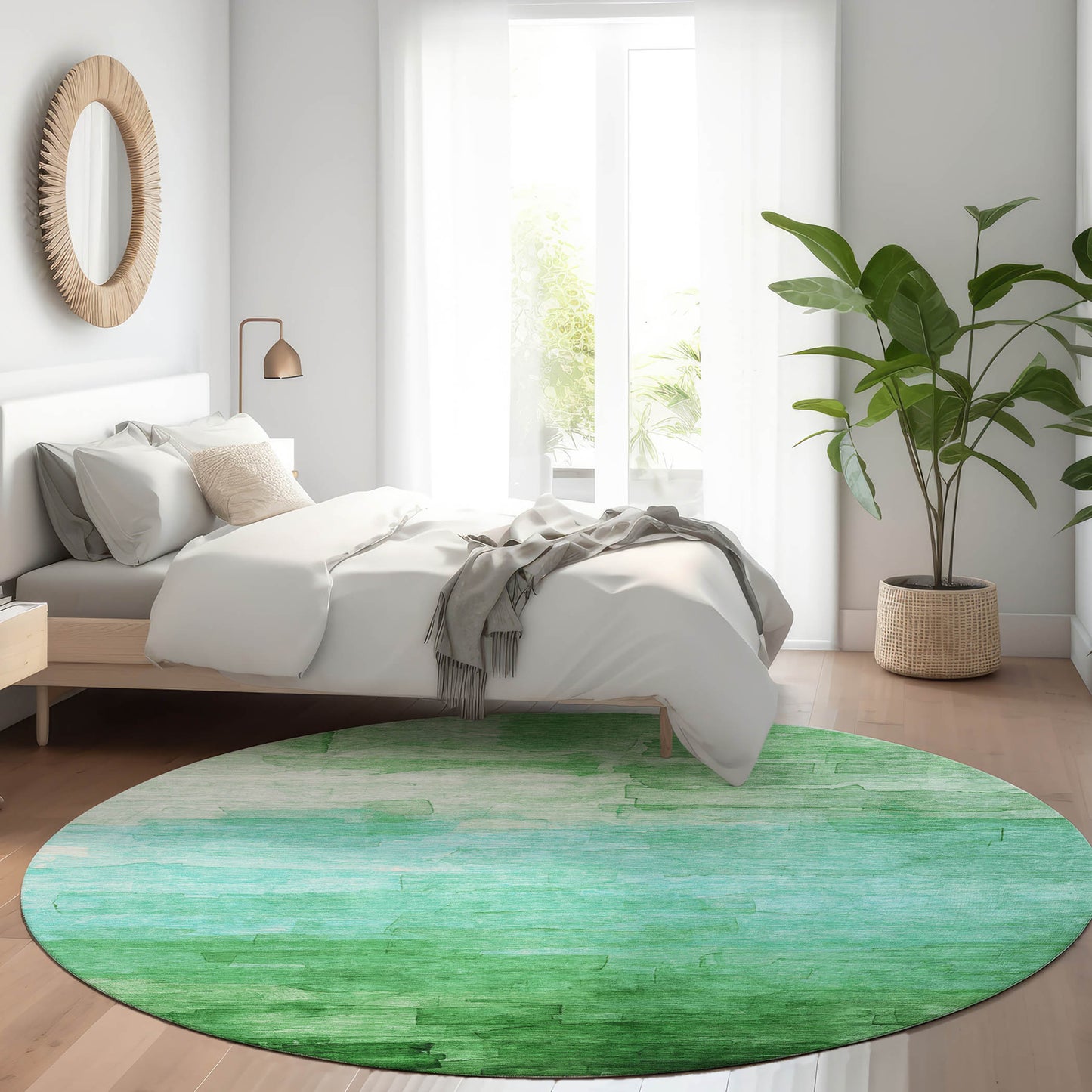 8' Green And Teal Blue Round Striped Washable Indoor Outdoor Area Rug