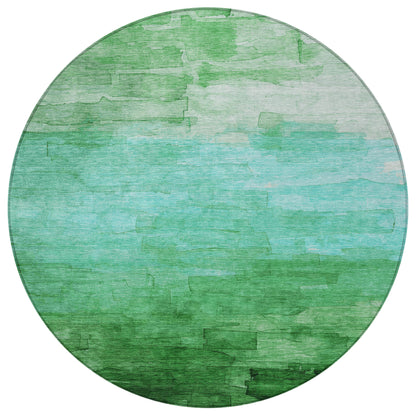 8' Green And Teal Blue Round Striped Washable Indoor Outdoor Area Rug