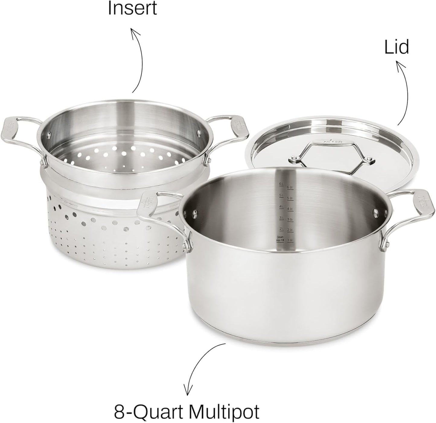All-Clad Stockpot 8 qt Stainless Steel Multipot With Insert & Lid, Stainless Steel Pot, Induction, Oven Broiler Safe 600F Skillet, Professional Cookware, Silver