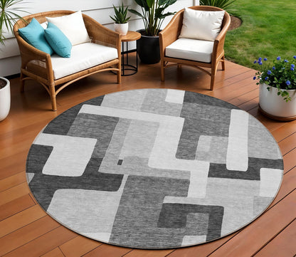 8' Silver Ivory And Charcoal Round Geometric Washable Indoor Outdoor Area Rug