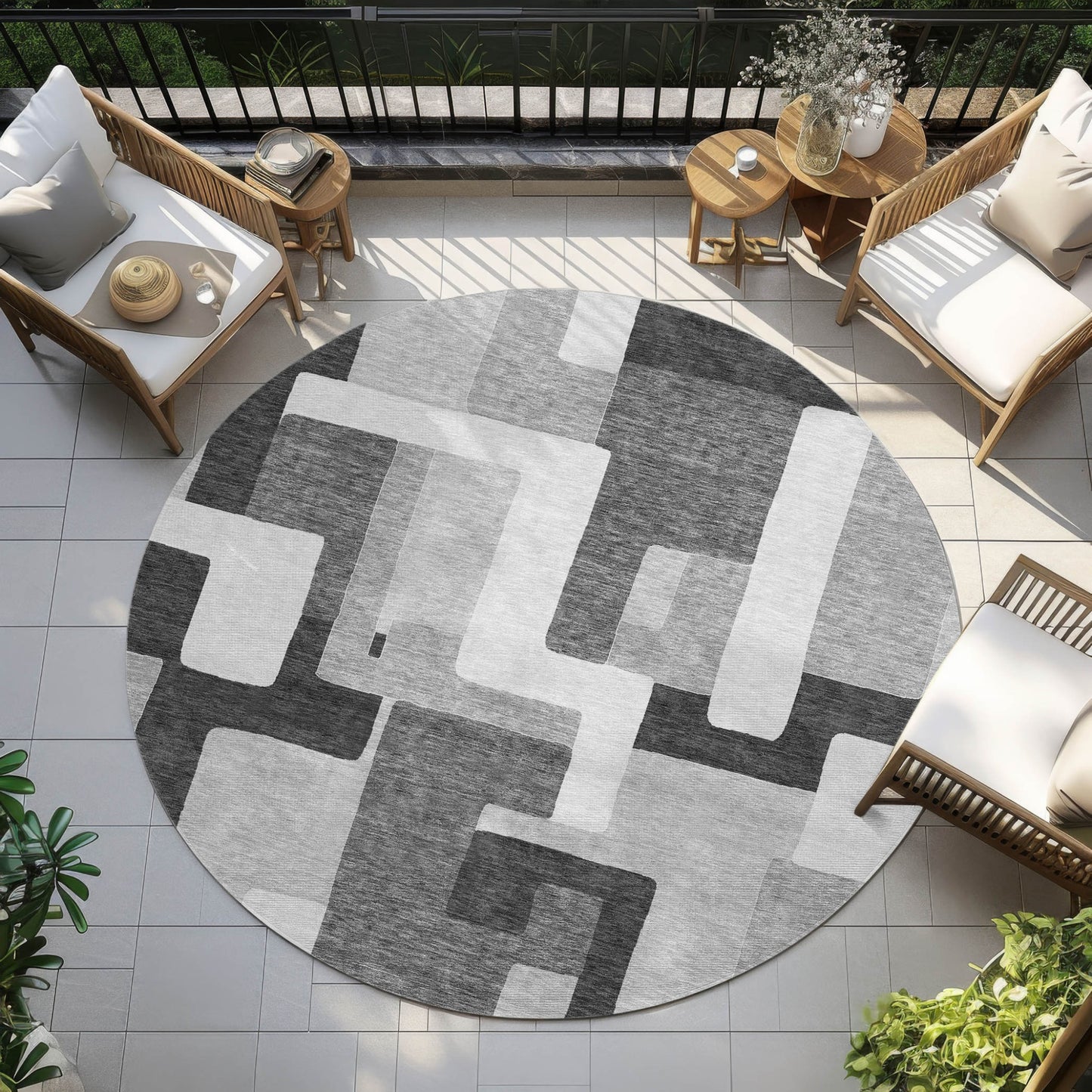 8' Silver Ivory And Charcoal Round Geometric Washable Indoor Outdoor Area Rug