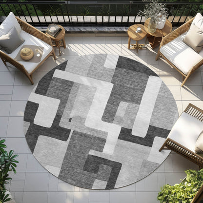 8' Silver Ivory And Charcoal Round Geometric Washable Indoor Outdoor Area Rug
