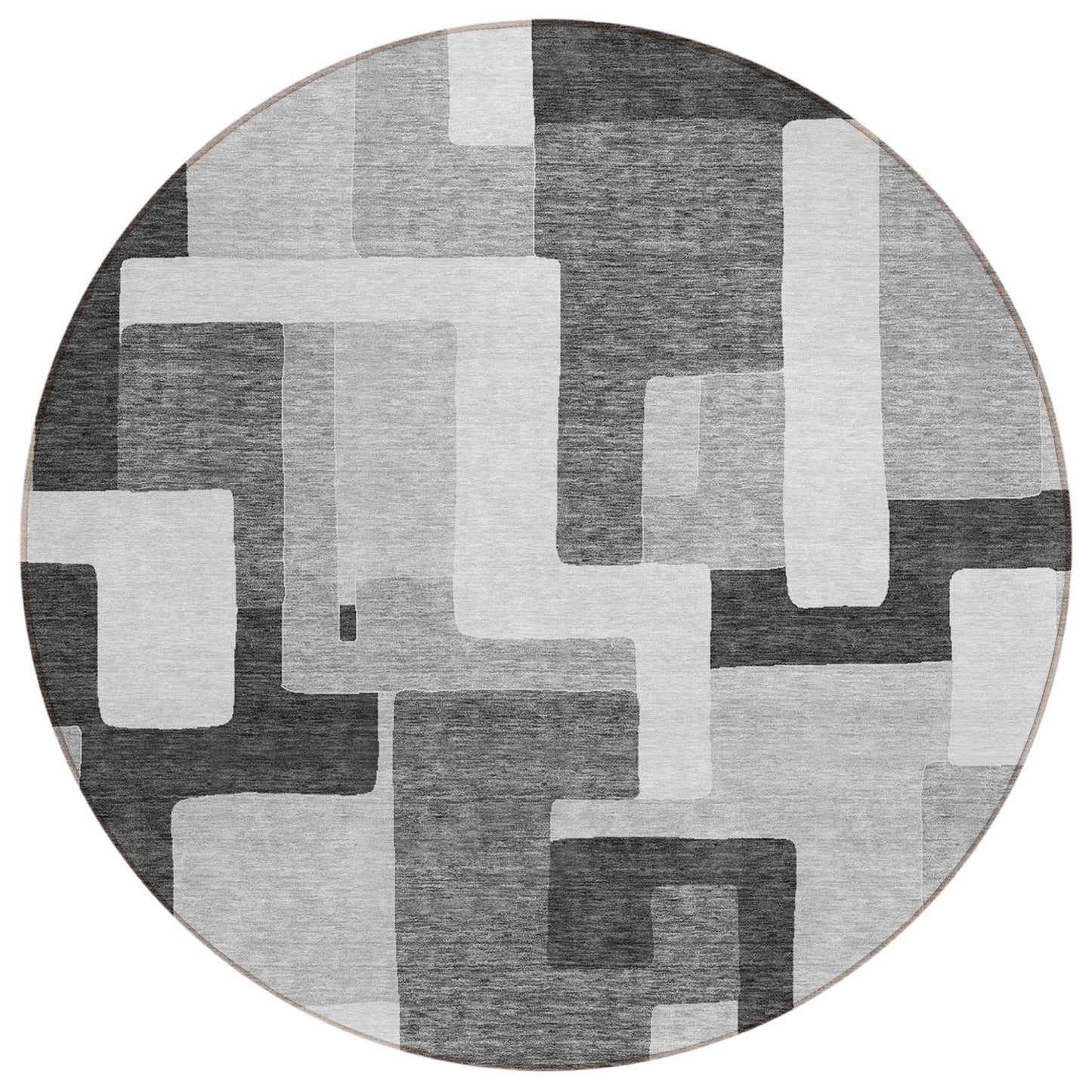 8' Silver Ivory And Charcoal Round Geometric Washable Indoor Outdoor Area Rug