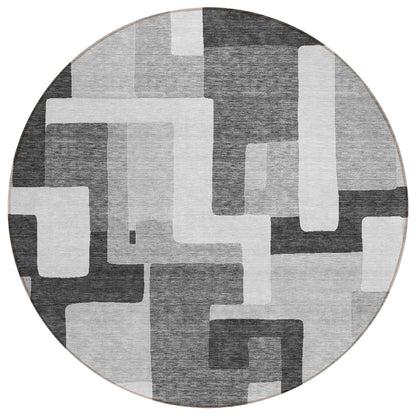 8' Silver Ivory And Charcoal Round Geometric Washable Indoor Outdoor Area Rug