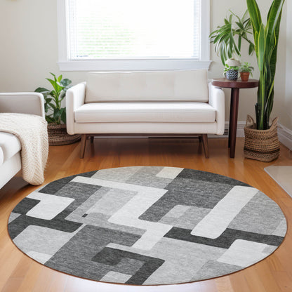 8' Silver Ivory And Charcoal Round Geometric Washable Indoor Outdoor Area Rug