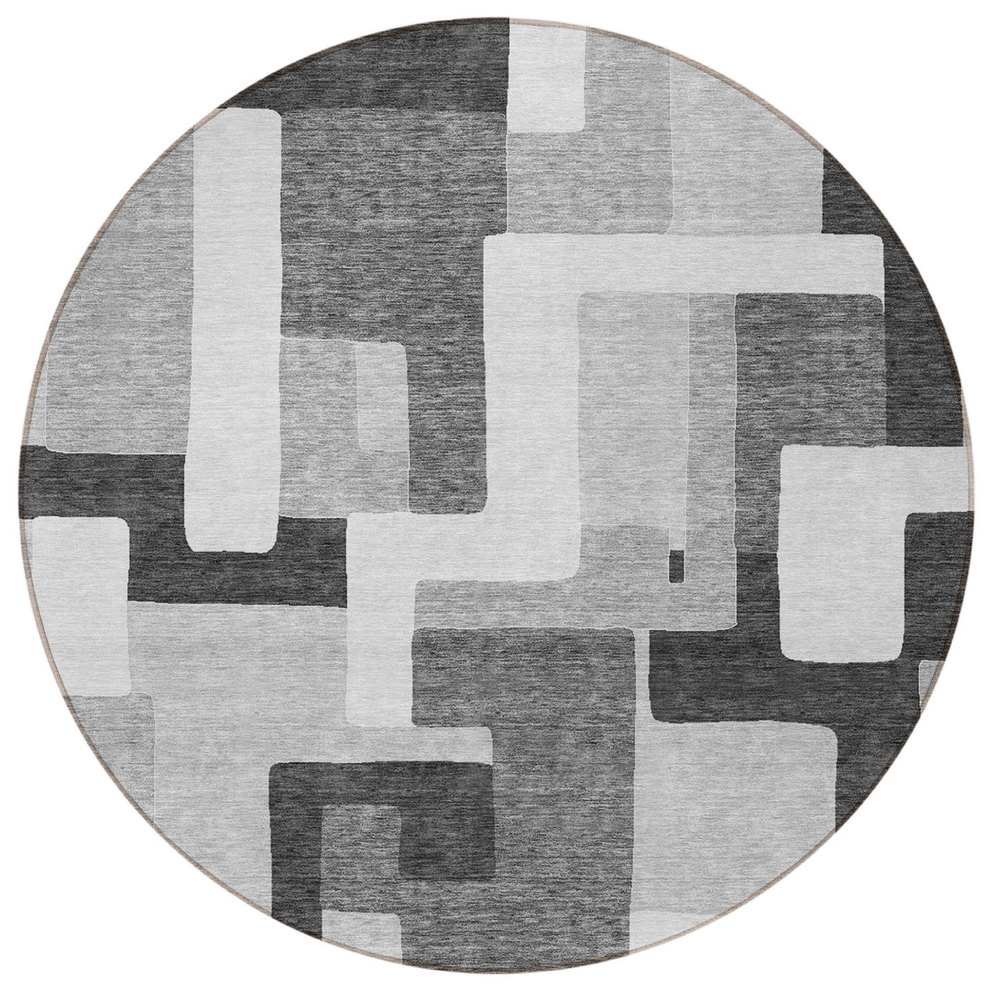 8' Silver Ivory And Charcoal Round Geometric Washable Indoor Outdoor Area Rug