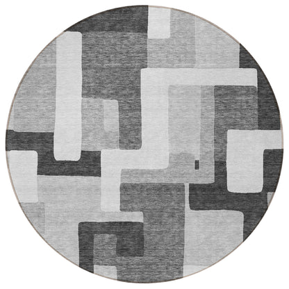 8' Silver Ivory And Charcoal Round Geometric Washable Indoor Outdoor Area Rug