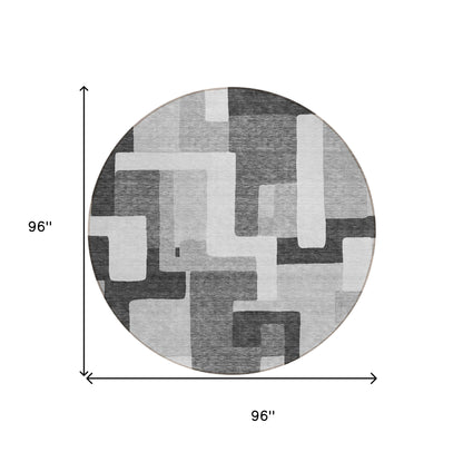 8' Silver Ivory And Charcoal Round Geometric Washable Indoor Outdoor Area Rug