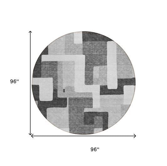 8' Silver Ivory And Charcoal Round Geometric Washable Indoor Outdoor Area Rug