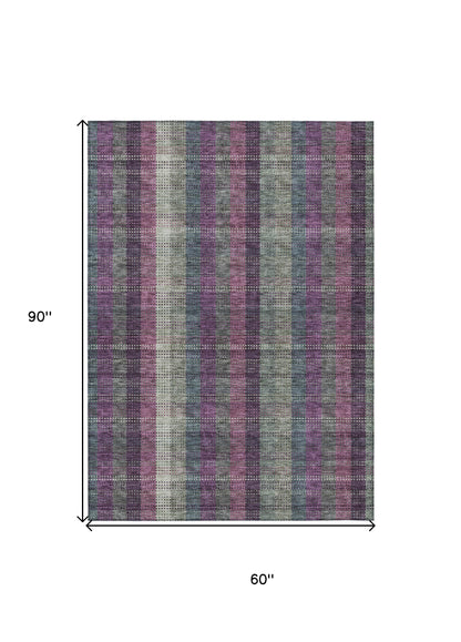 5' X 8' Plum Eggplant And Gray Plaid Washable Indoor Outdoor Area Rug