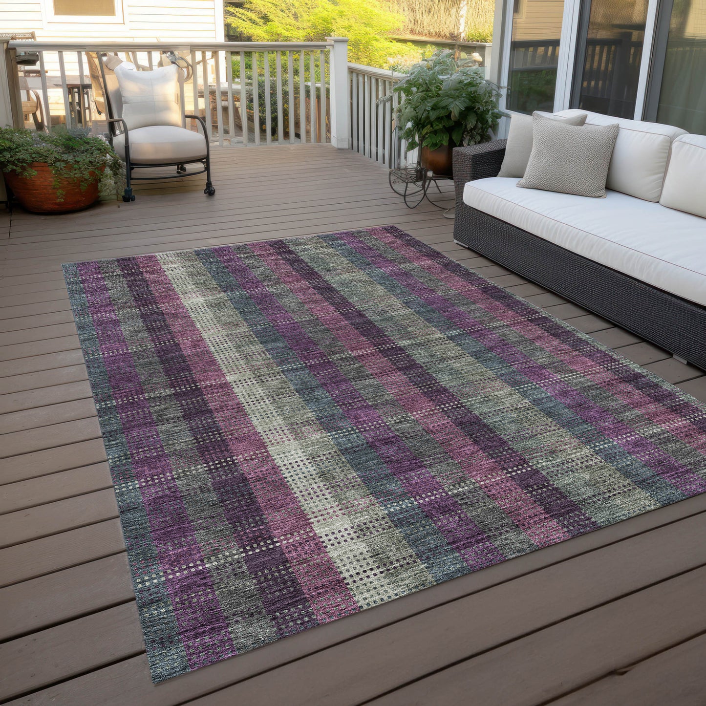 5' X 8' Plum Eggplant And Gray Plaid Washable Indoor Outdoor Area Rug