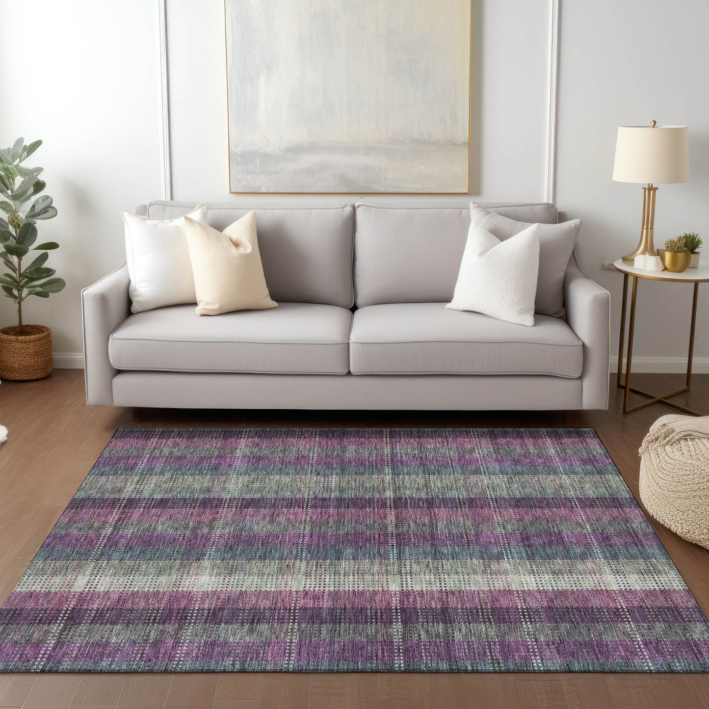 5' X 8' Plum Eggplant And Gray Plaid Washable Indoor Outdoor Area Rug