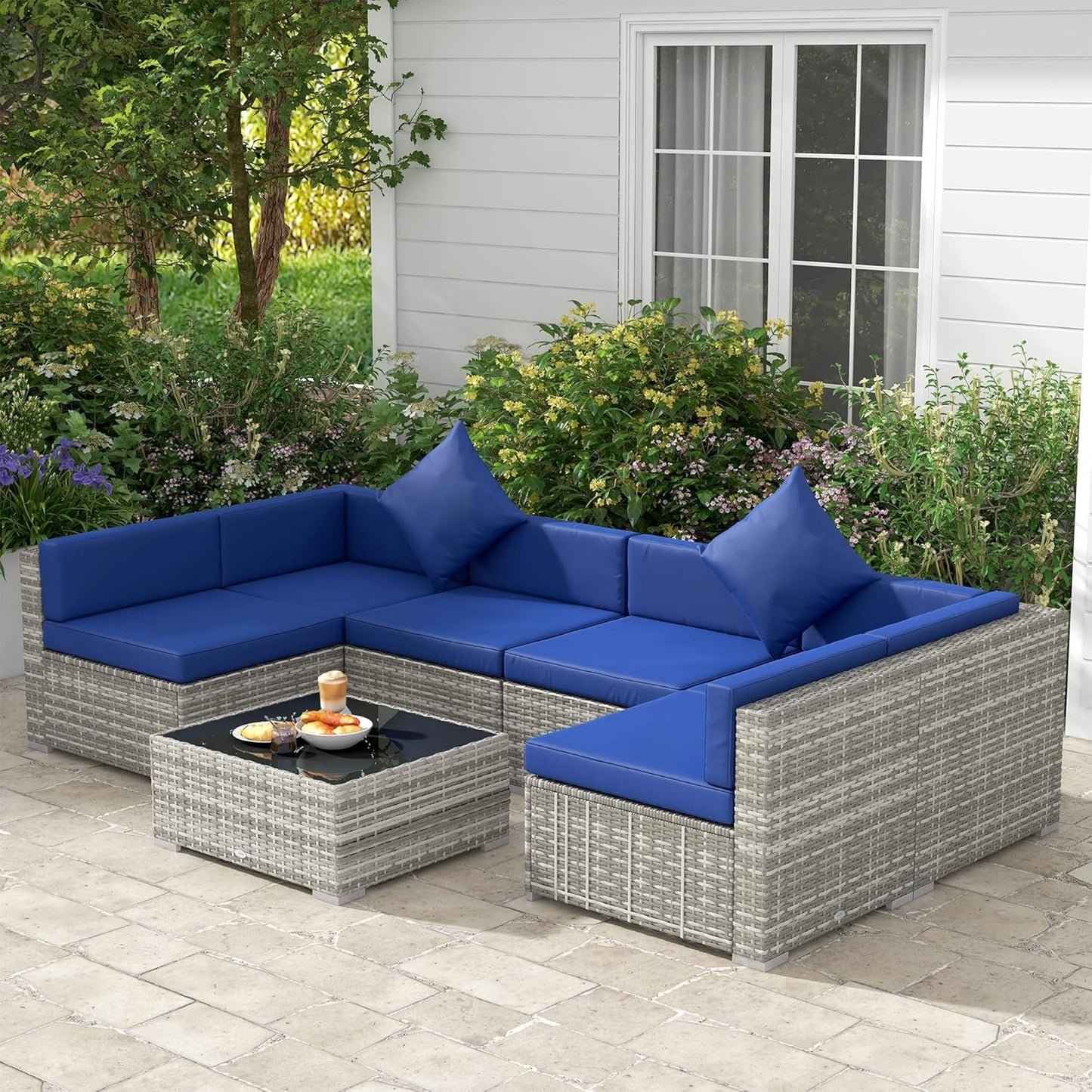 7-Piece Patio Furniture Set, Outdoor Wicker Conversation Set, All Weather PE Rattan Sectional Sofa Set with Cushions and Tempered Glass Top Coffee Table, Pillows, Blue-1