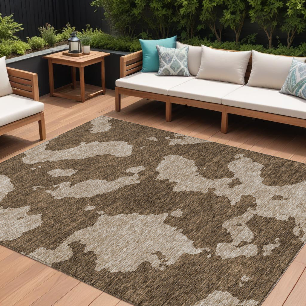 9' X 12' Brown And Beige Abstract Washable Indoor Outdoor Area Rug