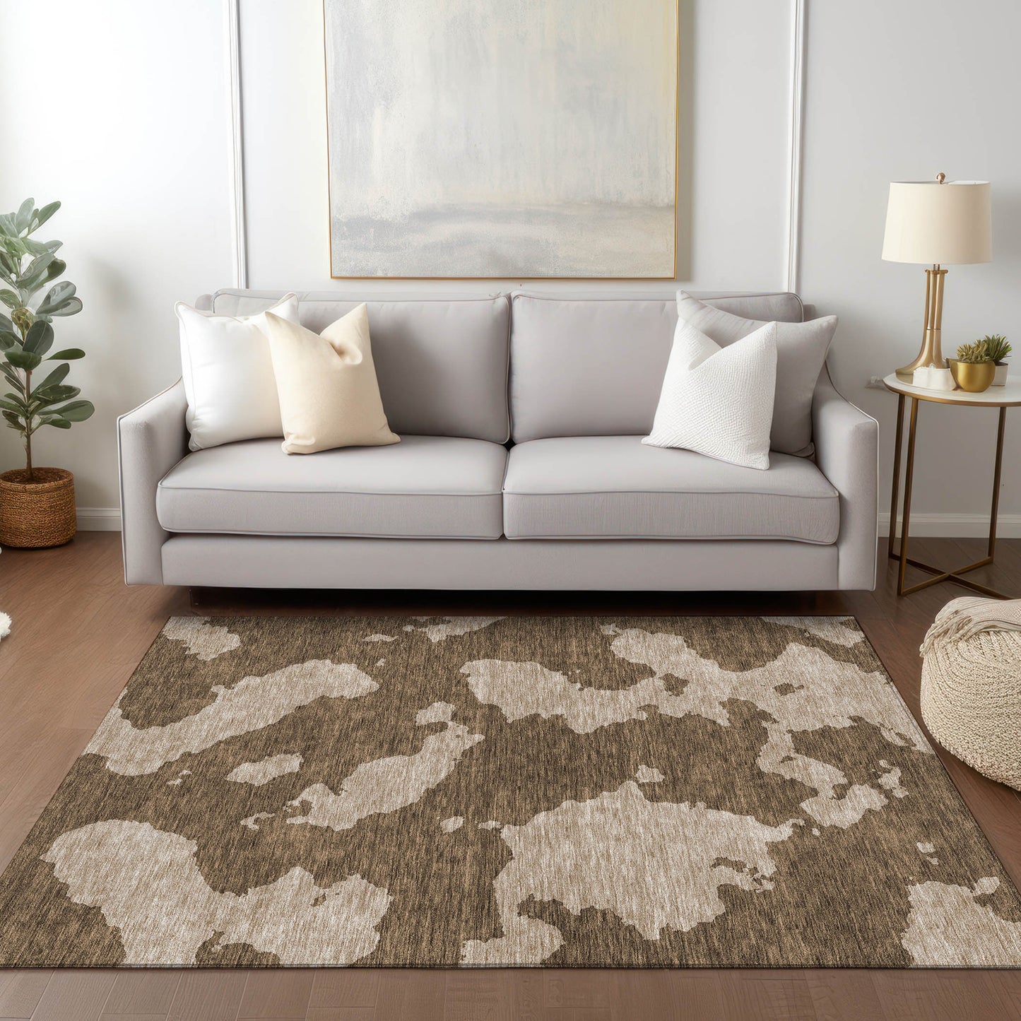 9' X 12' Brown And Beige Abstract Washable Indoor Outdoor Area Rug