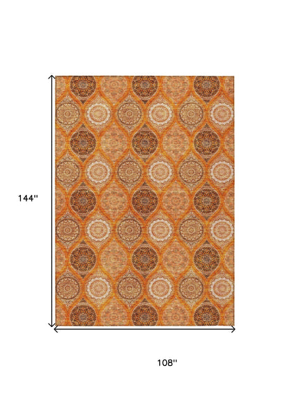 9' X 12' Orange Ivory And Gray Floral Medallion Washable Indoor Outdoor Area Rug