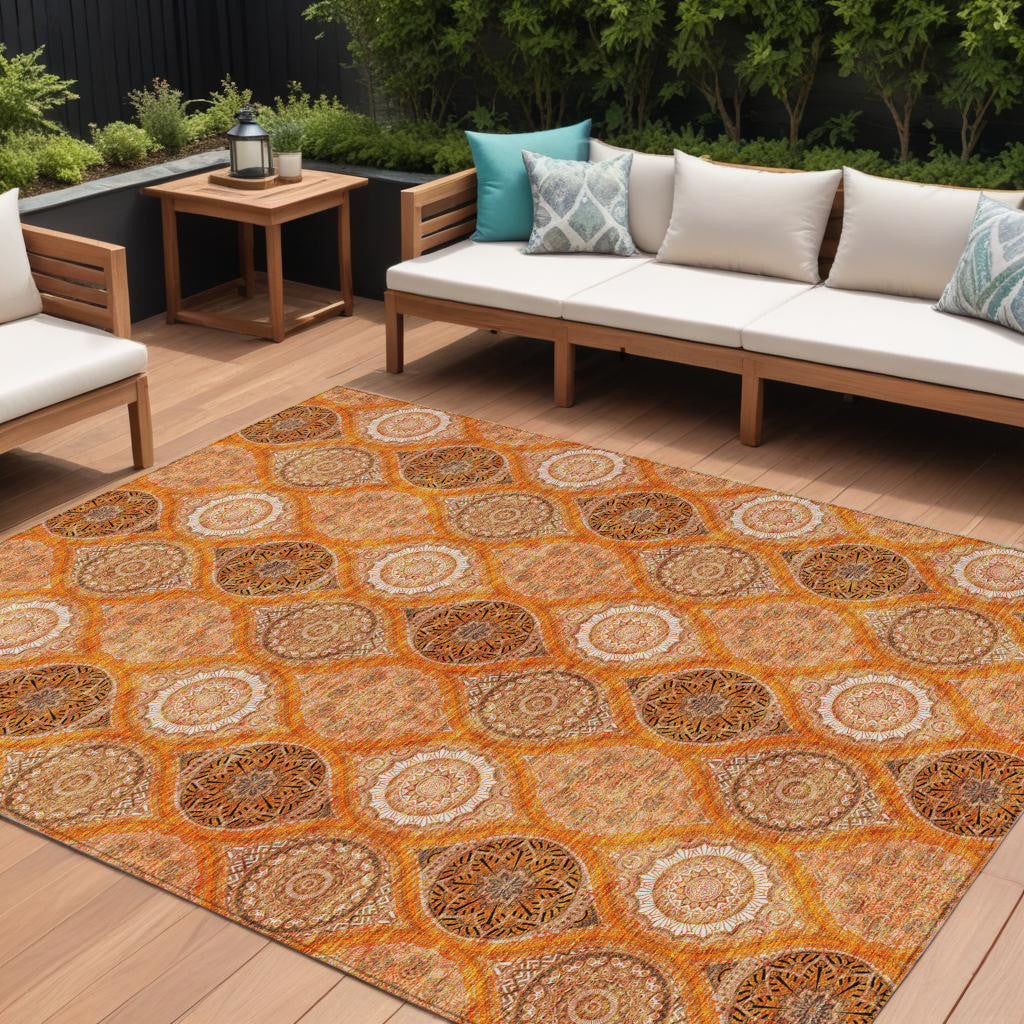 9' X 12' Orange Ivory And Gray Floral Medallion Washable Indoor Outdoor Area Rug