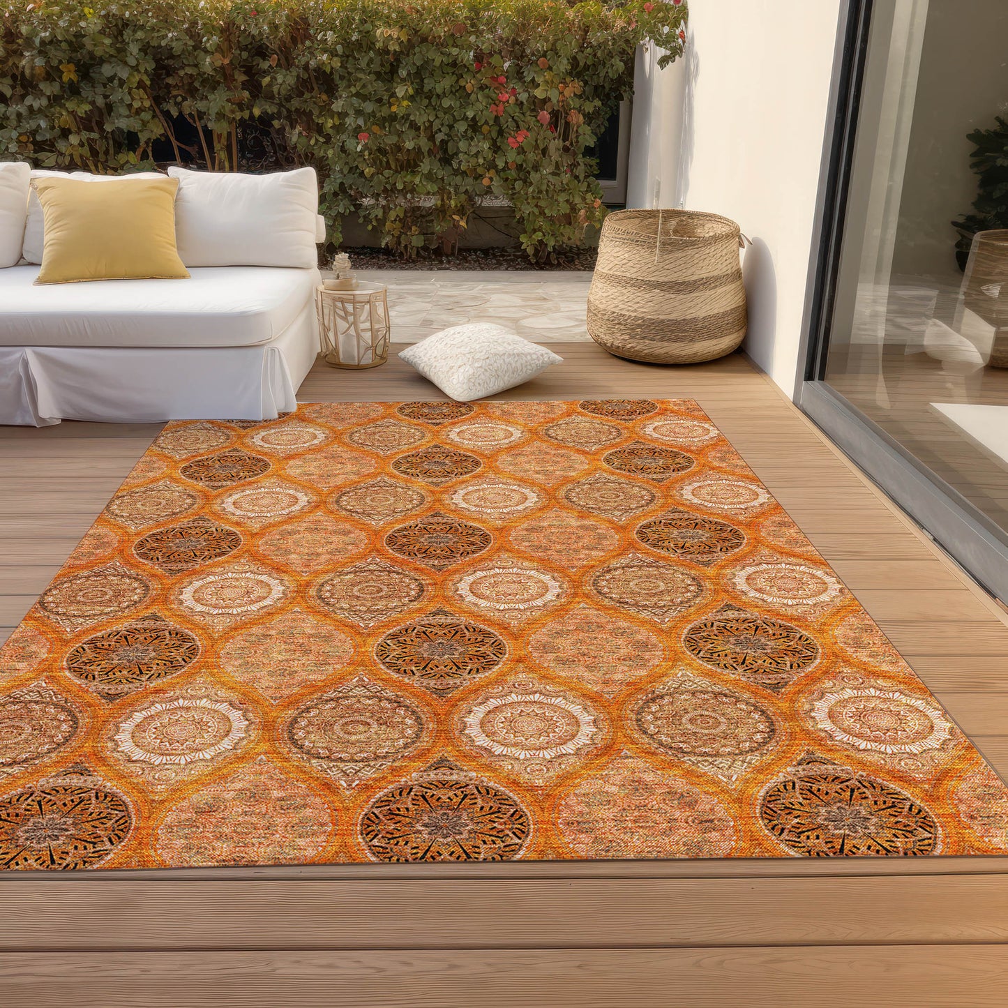 9' X 12' Orange Ivory And Gray Floral Medallion Washable Indoor Outdoor Area Rug