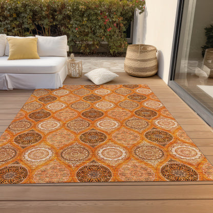 9' X 12' Orange Ivory And Gray Floral Medallion Washable Indoor Outdoor Area Rug