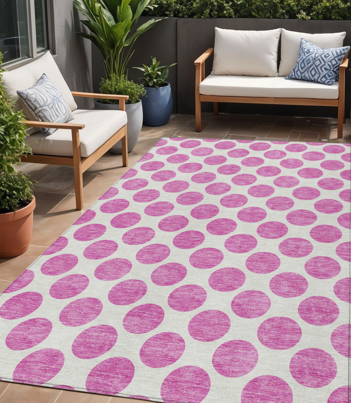 5' X 8' Blush And Ivory Polka Dot Washable Indoor Outdoor Area Rug