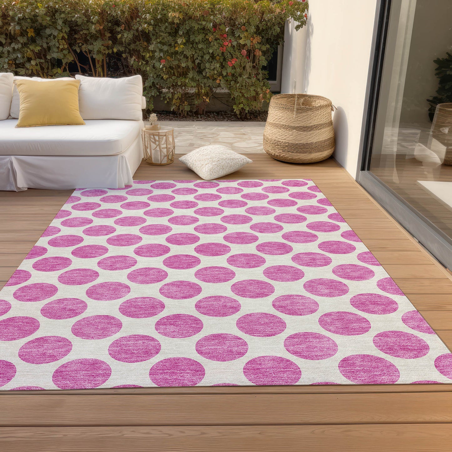 5' X 8' Blush And Ivory Polka Dot Washable Indoor Outdoor Area Rug