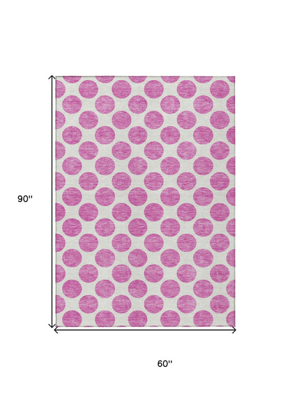 5' X 8' Blush And Ivory Polka Dot Washable Indoor Outdoor Area Rug
