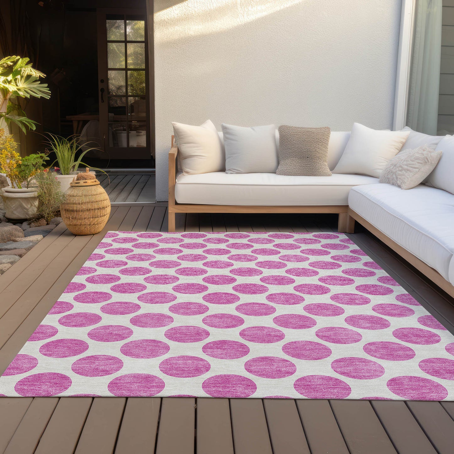 5' X 8' Blush And Ivory Polka Dot Washable Indoor Outdoor Area Rug