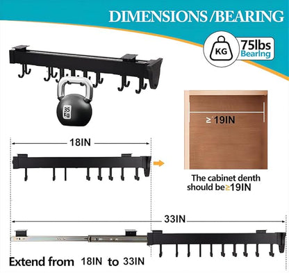 Hanging Pot Rack with 8 Hook for Cabinet 18inch Pull Out Pot and Pan organizer Adjustable Pot Racks with Sliding Rail Storage Utility Rack Used for Kitchen/Closet/Cupboard,Load 75LBS
