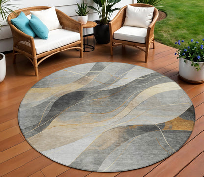 8' Gray Silver And Rust Round Abstract Washable Indoor Outdoor Area Rug