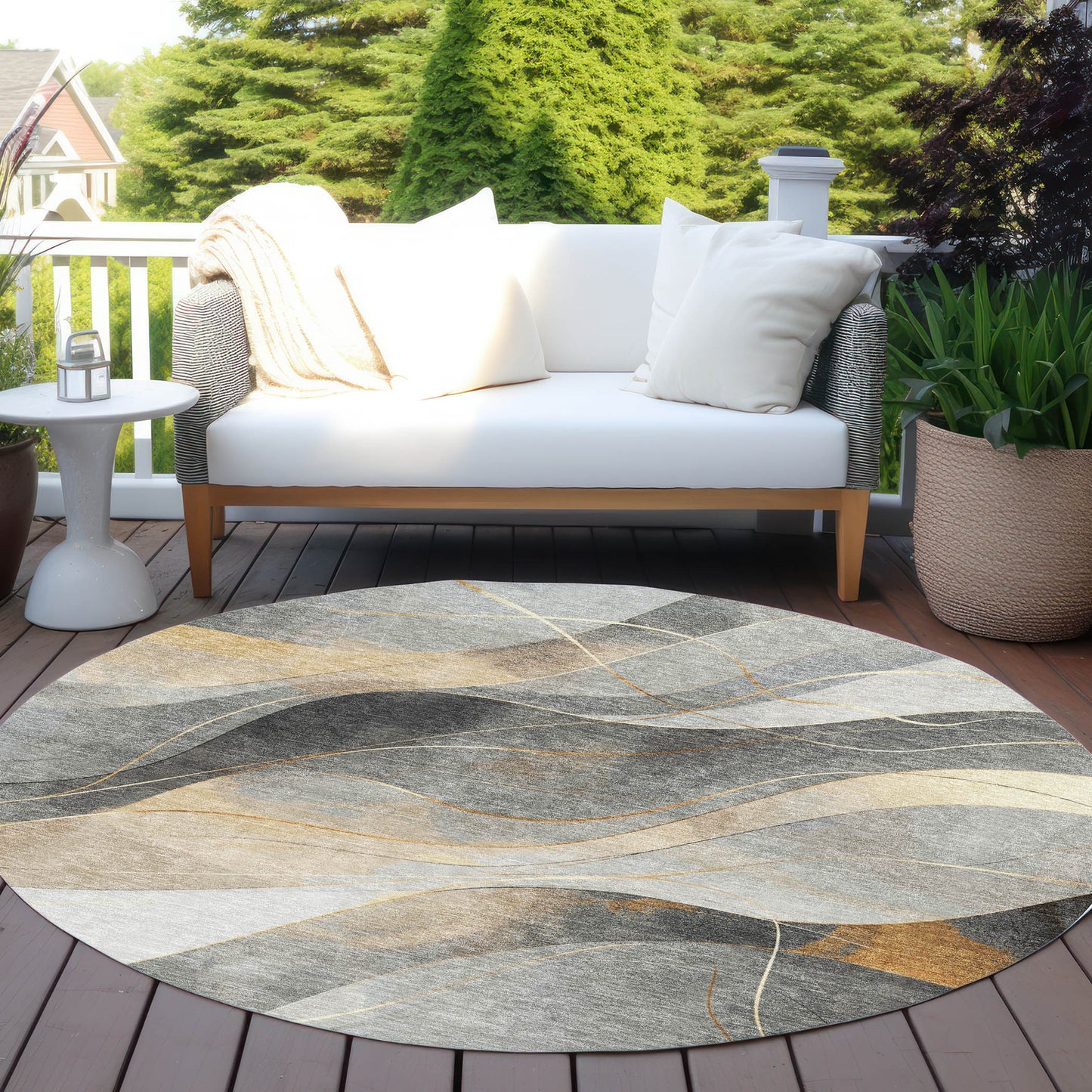 8' Gray Silver And Rust Round Abstract Washable Indoor Outdoor Area Rug