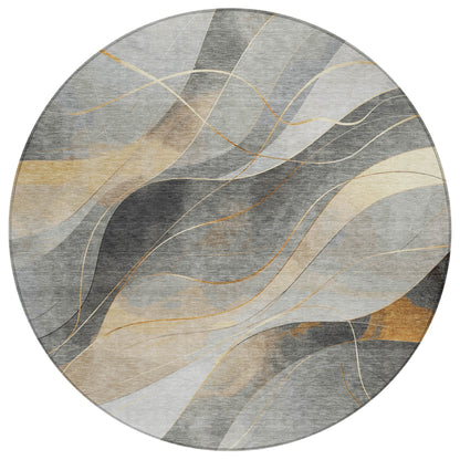 8' Gray Silver And Rust Round Abstract Washable Indoor Outdoor Area Rug