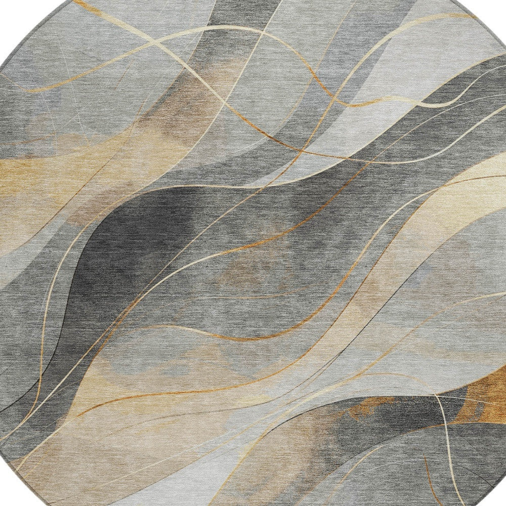 8' Gray Silver And Rust Round Abstract Washable Indoor Outdoor Area Rug