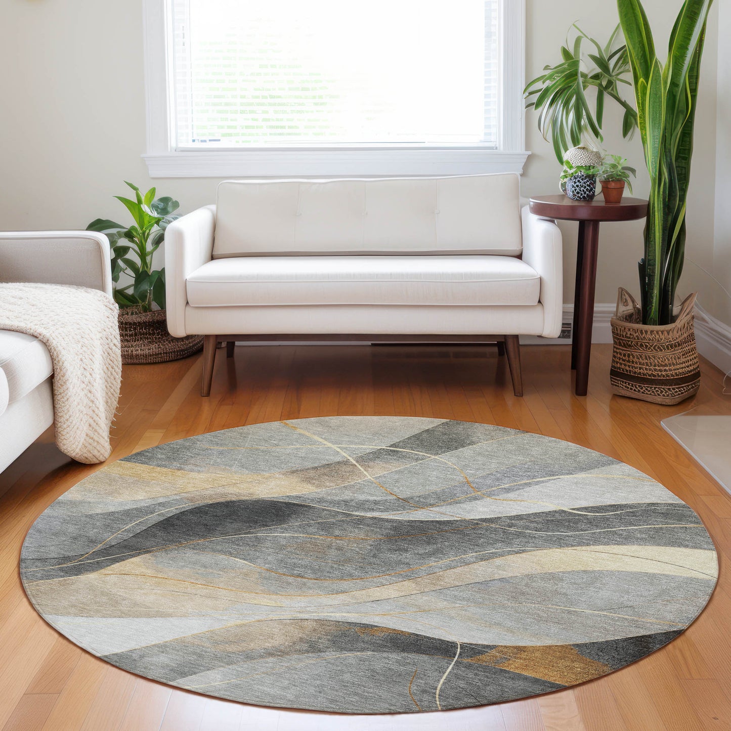 8' Gray Silver And Rust Round Abstract Washable Indoor Outdoor Area Rug