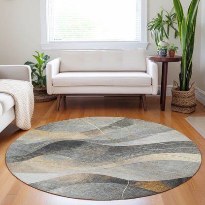 8' Gray Silver And Rust Round Abstract Washable Indoor Outdoor Area Rug