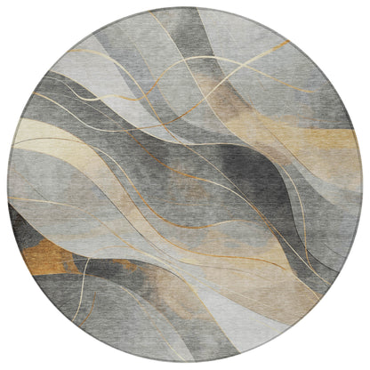 8' Gray Silver And Rust Round Abstract Washable Indoor Outdoor Area Rug