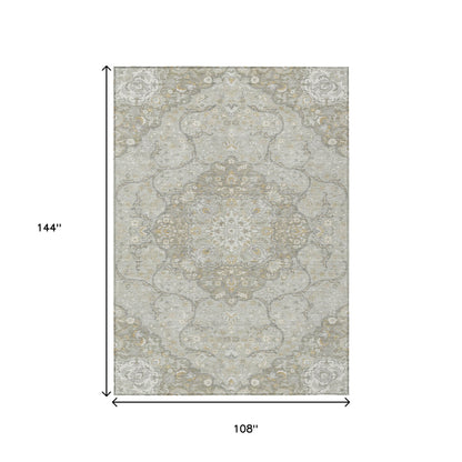 9' X 12' Taupe And Ivory Medallion Washable Indoor Outdoor Area Rug