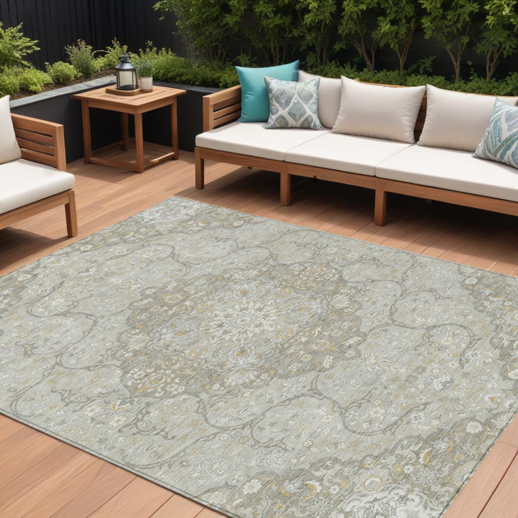9' X 12' Taupe And Ivory Medallion Washable Indoor Outdoor Area Rug