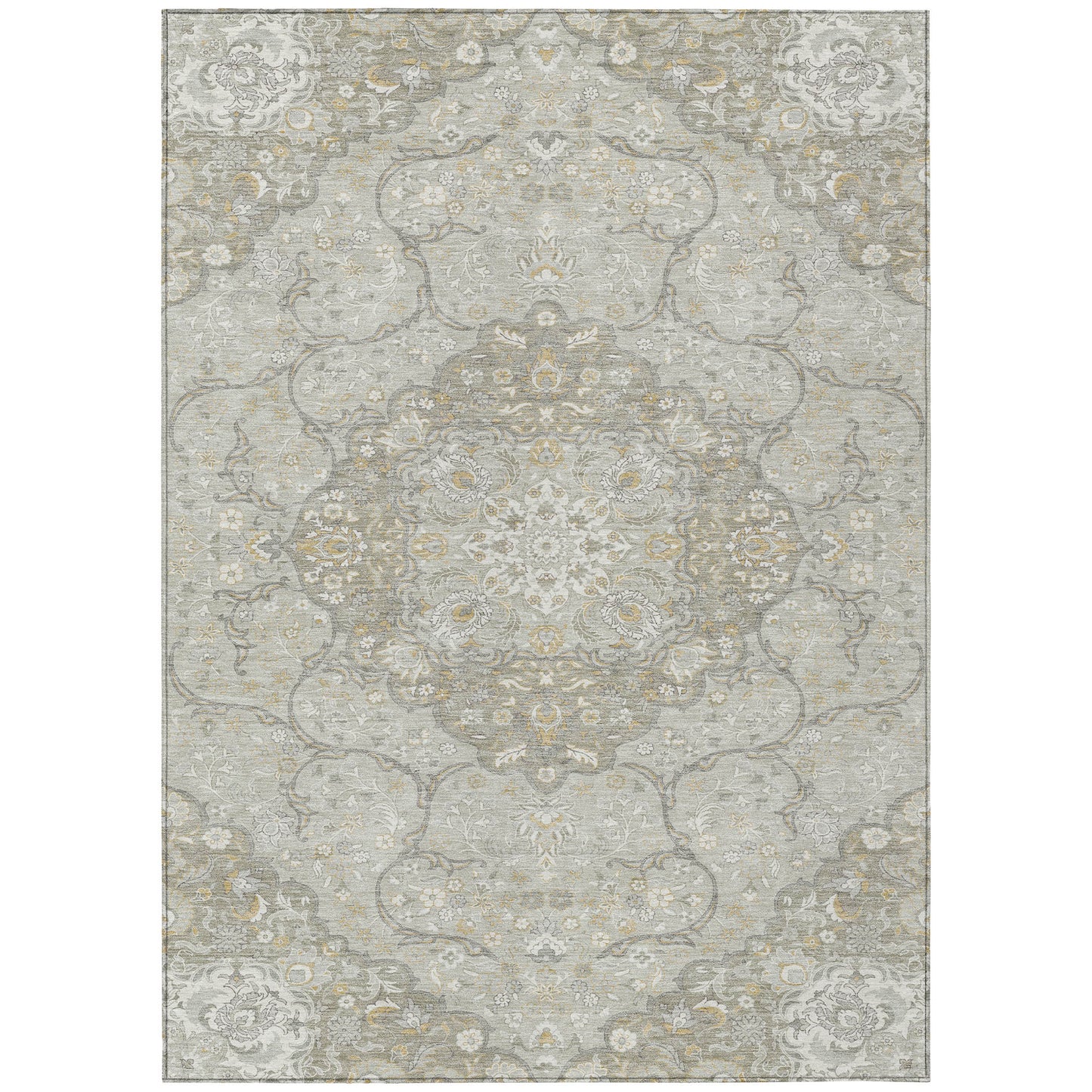 9' X 12' Taupe And Ivory Medallion Washable Indoor Outdoor Area Rug