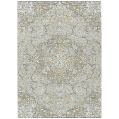 9' X 12' Taupe And Ivory Medallion Washable Indoor Outdoor Area Rug