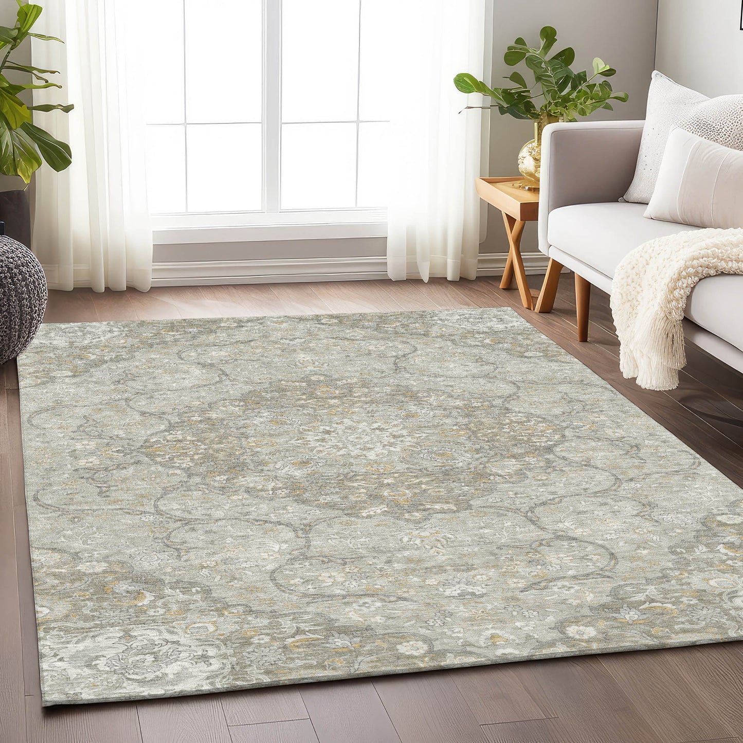 9' X 12' Taupe And Ivory Medallion Washable Indoor Outdoor Area Rug