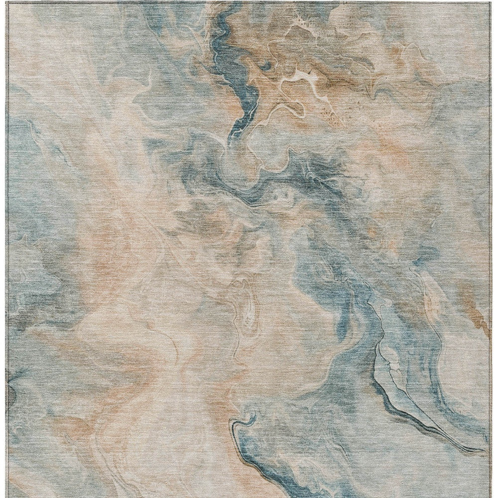 8' X 10' Teal Blue Coral And Ivory Abstract Washable Indoor Outdoor Area Rug