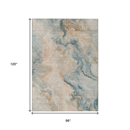 8' X 10' Teal Blue Coral And Ivory Abstract Washable Indoor Outdoor Area Rug